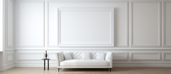 of an empty living room with a blank white painting frame on the wall featuring a fluted texture
