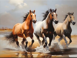 Digital painting group of horses. Generative AI