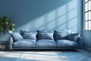 A blue couch is sitting in a room with a window