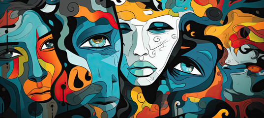 Abstract background with faces collage black and white and colours elements, psychology, stress wallpaper illustration