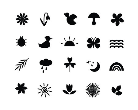 Springtime collection, glyph icons or silhouette illustration set in shades of green, neobrutalism