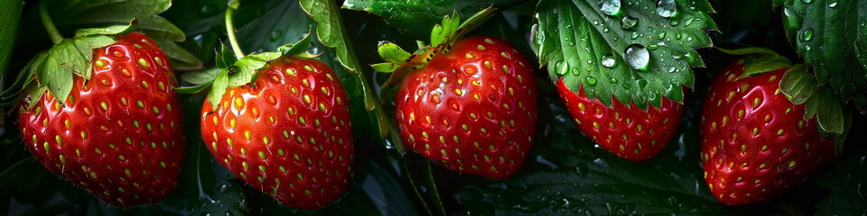 Wild red strawberries  with green leaves and water drops. Close up view, panorama banner 
