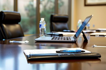 A desk with a laptop, a pen, and a water bottle