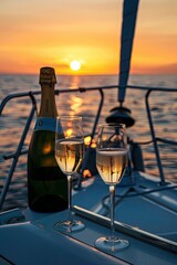 Obraz premium A bottle of champagne and two wine glasses are on a boat at sunset