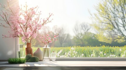 spring on the window sill, featuring a modern window with a view of a vibrant spring field in the yard, ensuring realistic photography in light colors.