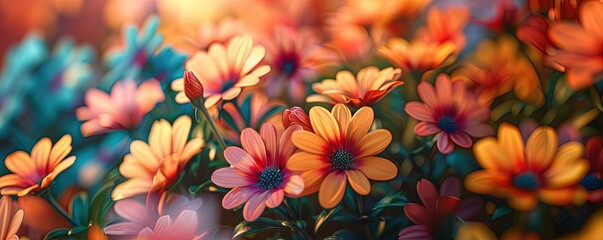 Background of colorful blossoming flowers with gentle petals and pleasant aroma growing in garden. - obrazy, fototapety, plakaty