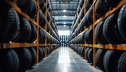Warehouse Full of New Tires for Automotive