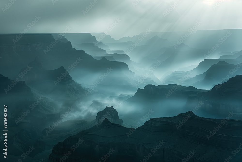 Poster misty canyon. surreal colorful landscape inspired by grand canyon. abstract colorful background imag