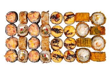 Sushi set served on white background. Various types of sushi rolls Isolated on white background. Top view.