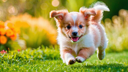 Cute little chihuahua puppy running on the green grass