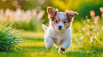 Cute little Papillon puppy running in the grass on a sunny day