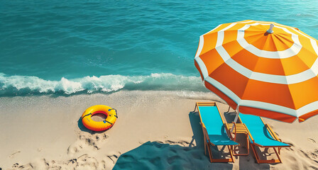 Obraz premium Relaxing Beach Scene with Sun Umbrella and Lifebuoy