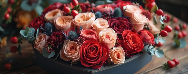 Beautiful bouquet in heart-shaped box.