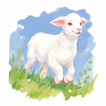Lamb bounding joyfully in a field its fleece as white as snow under the azure sky