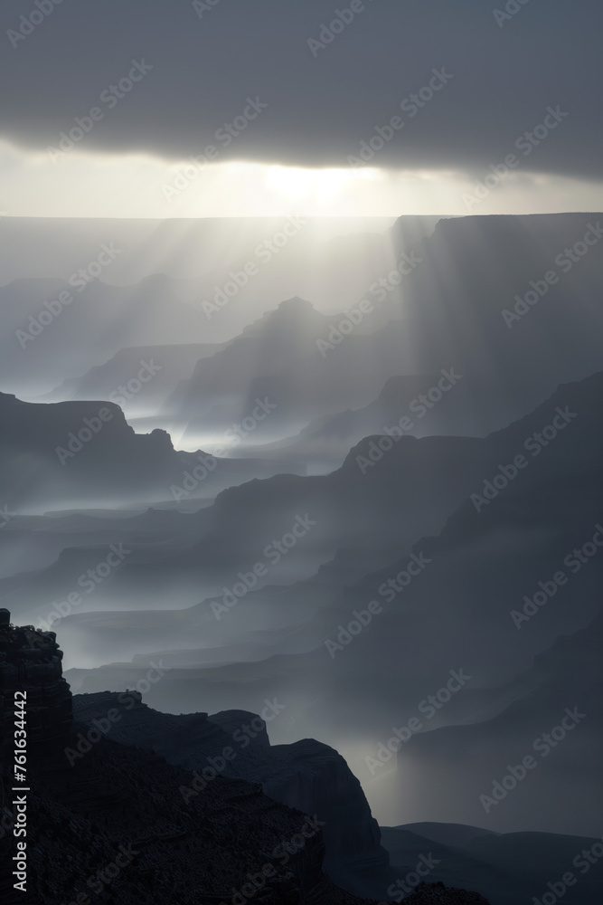Poster misty canyon. surreal colorful landscape inspired by grand canyon. abstract colorful background imag