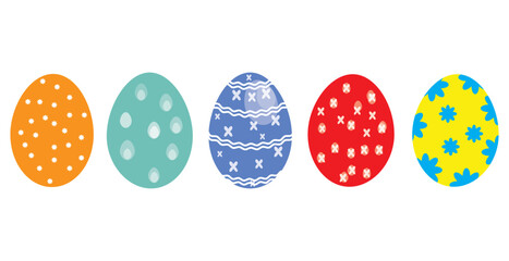 Colorful decorated Easter 5 egg set. Doodle pattern design elements for holiday cards.