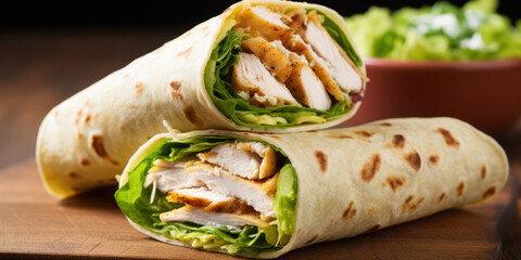 Delicious Chicken Wrap with Fresh Lettuce and Tomato on a Wooden Plate, Fast and Healthy Meal on a Green Background