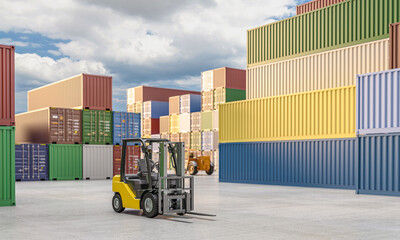Forklift at busy commercial cargo port - 761634853