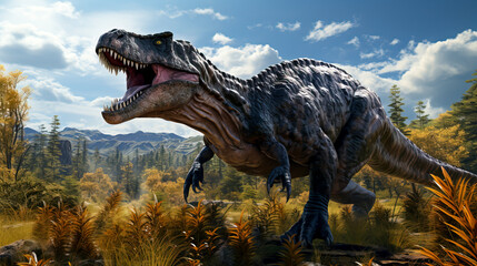Vivid Dinosaur Replica Roaring in Autumn Forest: A Stunning Photographic Composition