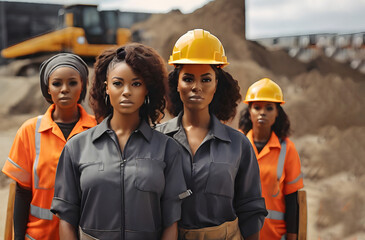 group portrait of construction black female workers with background of excavation machinery. - obrazy, fototapety, plakaty