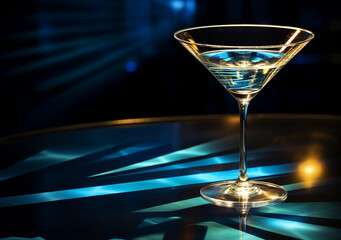 Close-up Photo of a Martini Glass in a Bar or Club Setting with Space for Text. Sets a Vibrant and Social Atmosphere, Ideal for Promoting Nightlife Venues, Cocktail Specials, or Happy Hour Events