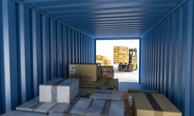 Cargo container interior with goods and forklift - 761635093