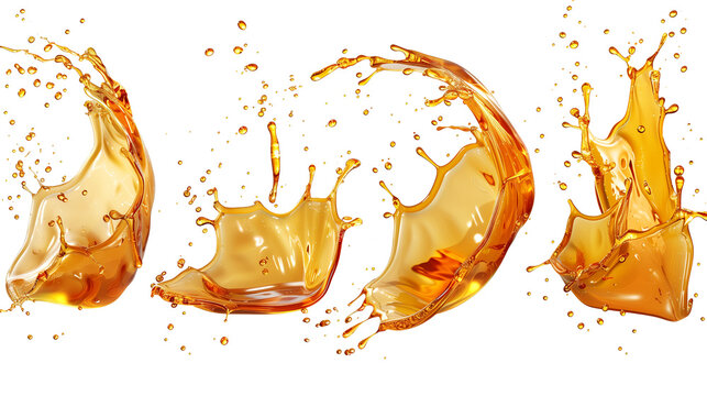 Splash of juice or yellow water isolated on transparent background. Realistic set of liquid waves of falling and flowing beer, orange, mango or lemon juice, oil, soda or honey