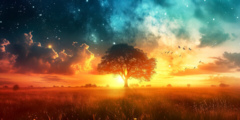 Obraz na płótnie Canvas Solitary tree shines amidst vibrant flowers under a breathtaking sunset sky
