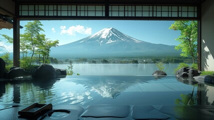 Steamy Serenity: Mount Fuji in the Distance, generative ai
