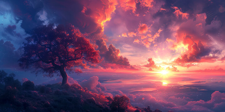 Solitary tree amidst vibrant blooms, bathed in golden sunset glow with dramatic clouds in the background
