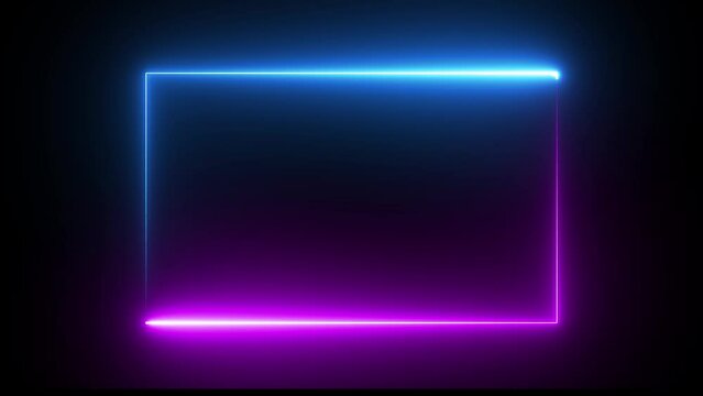 Multicolor neon effect rectangle frame line seamless looping video. Square flowing Multicolor neon light frame on black background.
