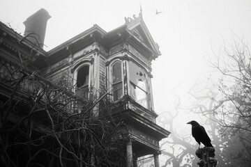 A black and white photo of a house with a crow perched on a tree in front of it