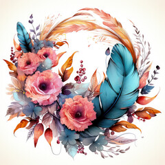 watercolor Feathers Flowers clipart, Generative Ai