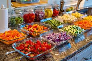 Obraz premium A table full of colorful vegetables in glass bowls
