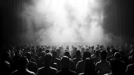 Fototapeta na wymiar Captivating Silhouettes: A Crowd Mesmerized by Dramatic Stage Lighting