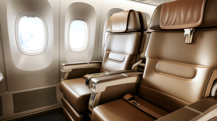 Premium leather seats in an airplane's business class cabin, showcasing comfort and luxury at high altitude