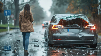 A chilling capture from behind a person viewing a severe car collision on a rainy, leaf-strewn road - obrazy, fototapety, plakaty