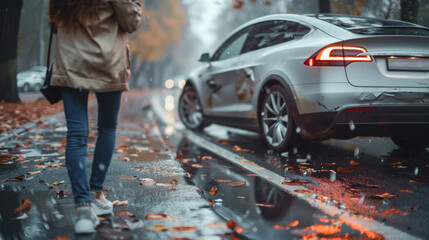 Mysterious ambiance as a woman observes the aftermath of a car crash on a wet city street with falling leaves - obrazy, fototapety, plakaty