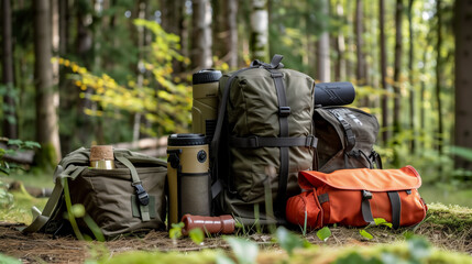 Outdoor trekking gear including backpacks, water bottles, and a sleeping bag set in a peaceful forest scene for a hiking adventure