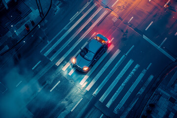 Car Driving Down City Street at Night - obrazy, fototapety, plakaty