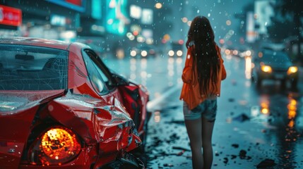Image captures a woman's back as she stares at red illuminated, rain-drenched crashed cars at night - obrazy, fototapety, plakaty