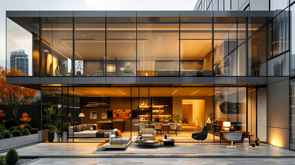 Luxurious Workspace: Curved Architecture, Elegant Furnishings, and Cozy Lighting