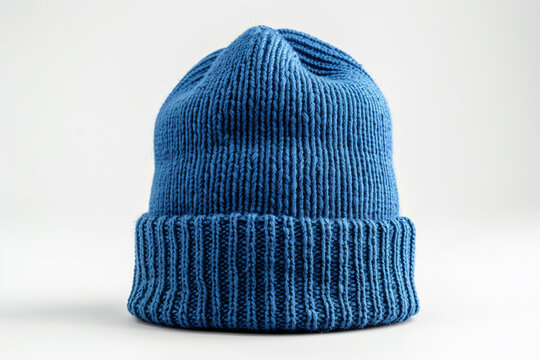 Blue Knitted Hat on White Background