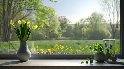 Fototapeten spring on the window sill, featuring a modern window with a view of a vibrant spring field in the yard, ensuring realistic photography in light colors. © lililia