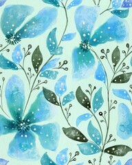Seamless pattern with watercolor flowers, leaves and translucent petals on a blue background, hand drawn on watercolor paper. Suitable for interior, wallpaper, fabrics, clothing, stationery.