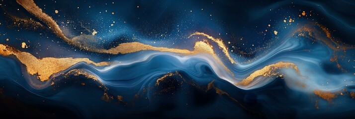 A long blue wave with gold glitter in the water, AI generative