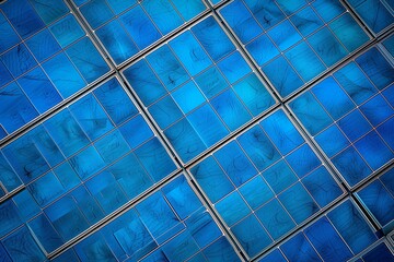 Close-up of solar panel textures, showcasing detailed blue photovoltaic cells with visible circuitry, reflecting a cloudy sky above. Macro shot of a solar panel surface reveals intricate patterns