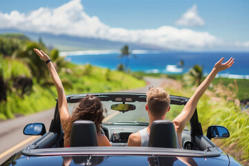 Road trip car holiday happy couple driving convertible car on summer travel Hawaii vacation. Woman with arms up having fun, young man driver (2)