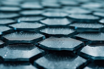 Abstract hexagonal shapes of a solar panel with droplets, showcasing the waterproof and technological aspects of renewable energy sources. Patterned view of water droplets on solar panel cells,