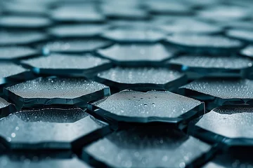 Fotobehang Abstract hexagonal shapes of a solar panel with droplets, showcasing the waterproof and technological aspects of renewable energy sources. Patterned view of water droplets on solar panel cells, © Thaniya